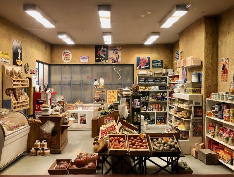 A miniature of grocery store in the Cinema and Miniatures museum in Lyon, France.