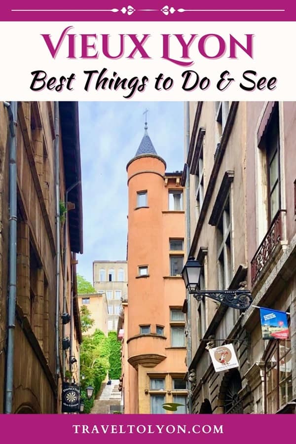 Best Things to Do and See in Vieux Lyon. Scene of a shadowed alley in foreground with shops, and a tall orange tower in Vieux Lyon in the sunlight in the distance.